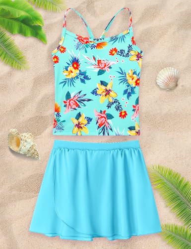 Image of Girls Swimsuit 3 Piece Sleeveless Bathing Suit Sets with Skirt Swimwear Rash Guard for Kids Beach UPF 50+ Sun Protection