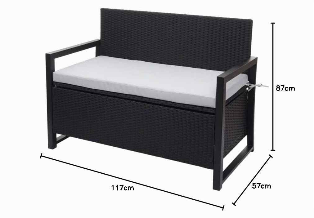 Mendler Banco de 2 plazas HWC-F39 de polirratán, banco de jardín, baúl, compartimento de almacenamiento, cojín de almacenamiento, color antracita, cojín gris
