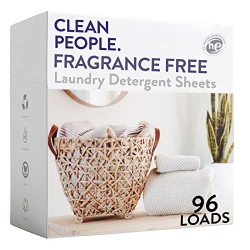 Clean People Fragrance Free Laundry Detergent Sheets - Plant-Based, Hypoallergenic Laundry Soap - Ultra Concentrated, Plastic Free, Recyclable Packaging, Stain Fighting - Fragrance Free, 96 Pack