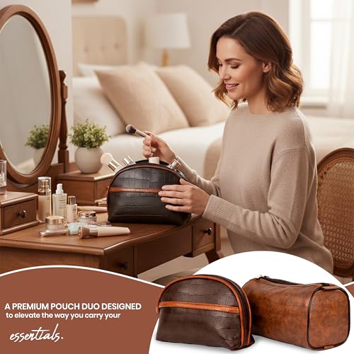 Image of SNDIA 2-Set PU Leather Toiletry Travel Bags for Men and Women, Shaving Kit Bag, Makeup Cosmetic Pouch for Women and Men (Him & Her) Brown