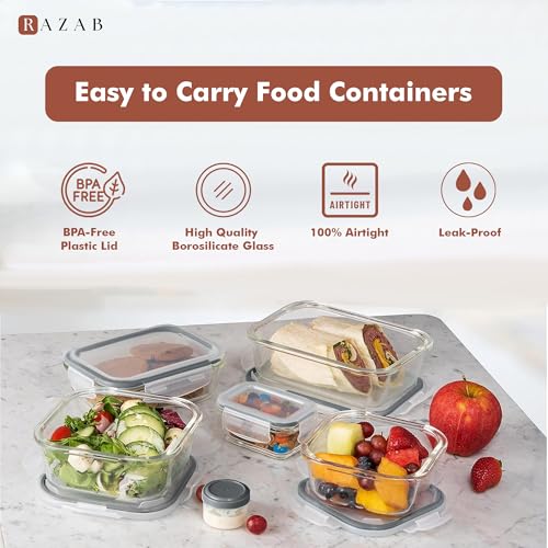 Image of Razab 35 Pc Set Glass Food Storage Containers with Lids - Meal Prep Airtight Bento Boxes BPA-Free 100% Leak Proof (15 lids,15 glass & 5 Plastic Sauce /Dip Containers)