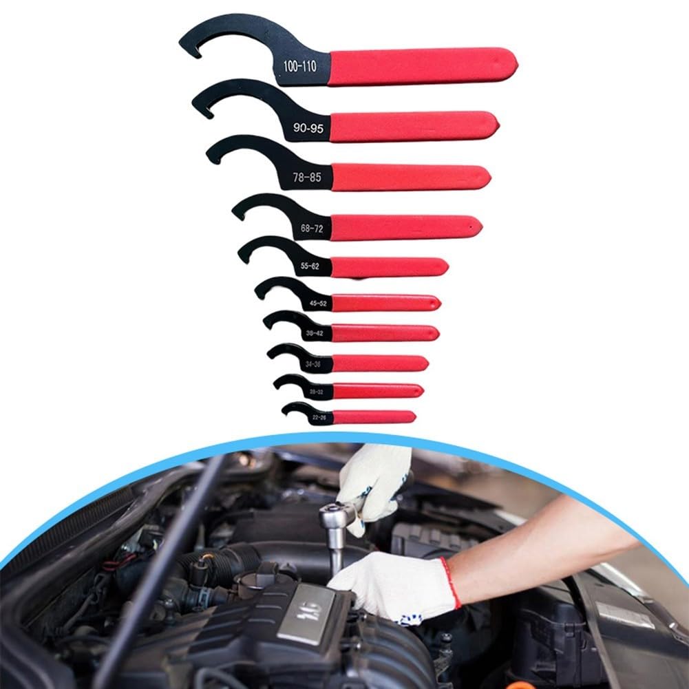 Lecreatekit Set di 10 chiavi a gancio a C regolabili per la rimozione dei dadi, in acciaio al carbonio con impugnatura antiscivolo, per mandrino elettrico e macchina per incidere, 22-110 mm