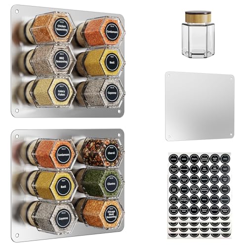 Vetacsion Set of 12 Magnetic Spice Tins with 2 Black Metal Wall-Plates,100 Preprinted Seasoning Label Stickers,2 Styles for 3 oz Herb Jars (12 PCS)