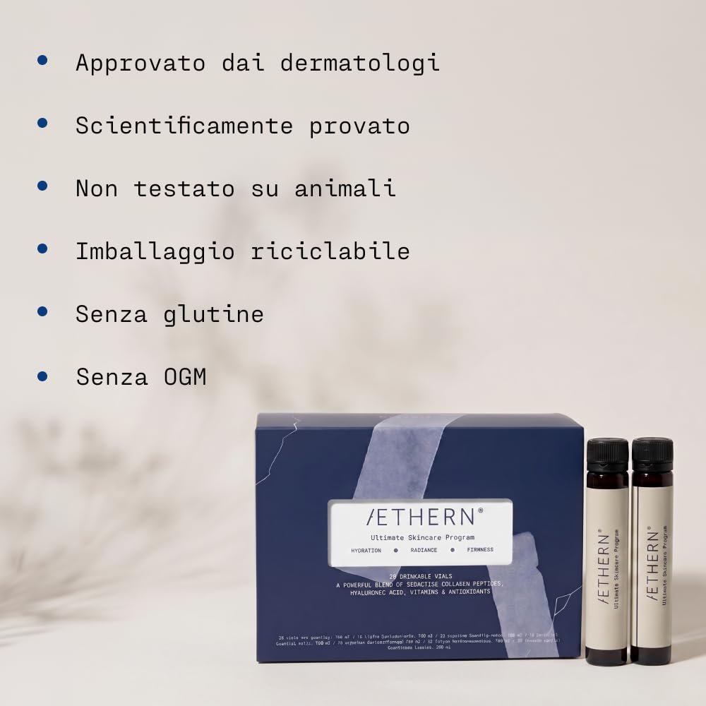Ultimate Skincare Program - Integratore Liquido con Collagene + Acido Ialuronico per la Pelle. Pronto da Bere. Supporta Idratazione, Tonicità, Luminosità. 28 Fiale