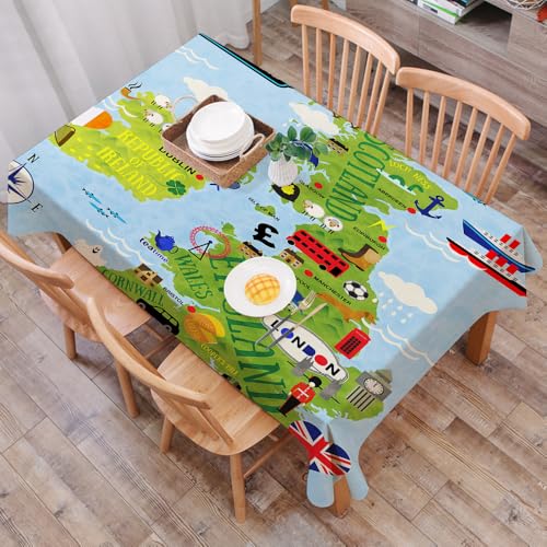 DALEXHM Mantel Mesa Rectangular 137x183 cm,Wanderlust, mapas de Dibujos Animados de Gran Bretaña e Irlanda para niños,Durabilidad y Fácil Limpieza para tu Mesa - Mantel Hule Antimanchas e Impermeable
