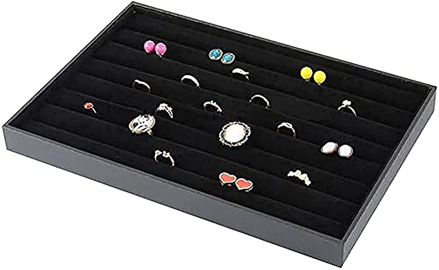 Padom Jewelry Tray Organizer, Necklace Pendant Organizer Watch Storage Rings Earrings Bracelet Organizer Tray Showcase Display Velvet Stackable Jewelry Storage (BLACK) (Rings)