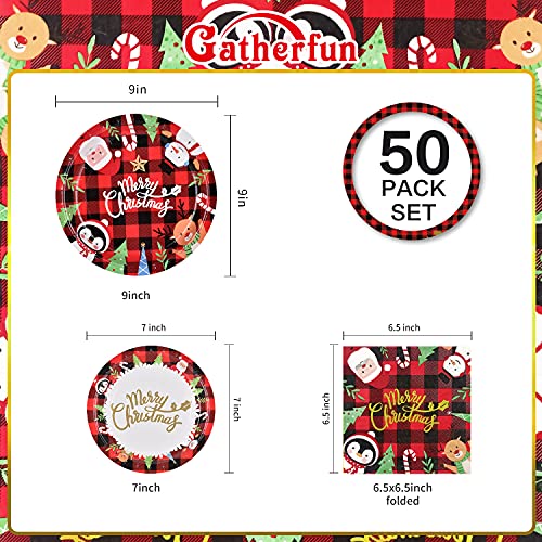 Gatherfun Christmas Plates and Napkins Supplies Red and Black Gingham with Santa Claus Snowman Disposable Paper Dinner Plates Dessert Plates and Napkins for Merry Christmas Party, Serve 50 – Image 3