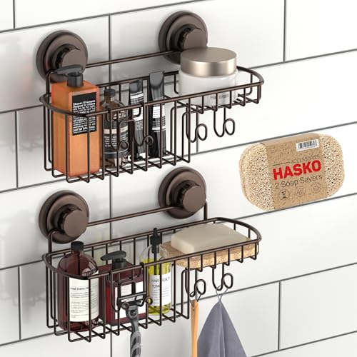 HASKO 2 Pack Shower Caddy Suction Cup with Hooks & Soap holder Includes 2 Soap Savers Shower Shelf Bathroom Storage Organizer Rustproof Shampoo Holder Bronze