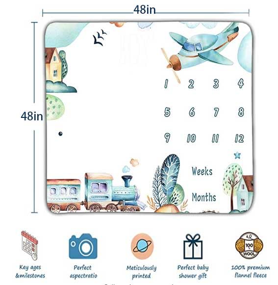 Image of Airplane and Train Monthly Milestone Blanket | 48x48in cotton Monthly Milestone Blanket, train airplane town design with butterfly frames for growth recording