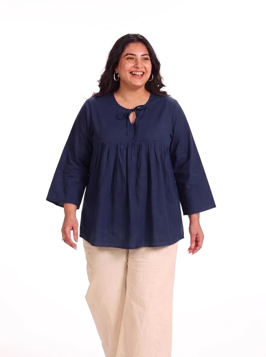 leasy Women's Plus Size Solid Pure Cotton Short Kurti | Round Neck with Tie-Up Detail | Regular Full Sleeves | Casual Everyday Wear Short Kurti | 3XL to 8XL-picture-38