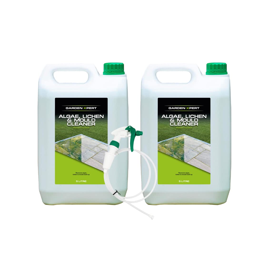 Garden Xpert Algae, Lichen & Mould Cleaner | 5 litre (2 Pack) & Long Hose Trigger Spray (130cm length) | For Patios, Natural Stone, Paving Slabs, Decking & Roofs | Ready to Use | Pet Friendly Once Dry — image 1