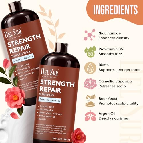 Image of DEL SUR Hair Strengthening Shampoo and Conditioner Set | 16 fl oz Each | with Camellia Japonica, Niacinamide, Provitamin B5 & Biotin | Repair & Hydration for Dry, Weak Hair