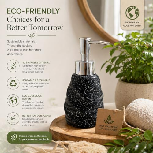 Image of Whizzo Premium Textured Ceramic Soap Dispenser for Bathroom & Kitchen | Refillable Lotion Dispenser with Chrome Pump | Modern Speckled Design | Durable, Stylish & Eco-Friendly (300ML, LD-214, Black)
