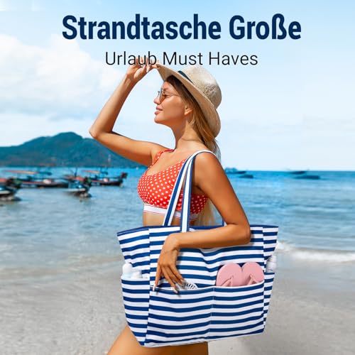 Strandtasche XXL Familie Große Beach Bag Badetasche mit Reißverschluss Shopper Damen, Leicht Faltbare Grosse Schwimmbadtasche… – Ansicht 6