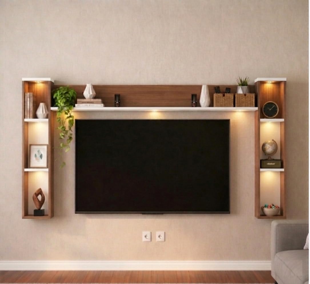 DAS Reagon LED Light TV Unit Wall Mounted TV Unit Wall TV Cabinet with Shelves Display Unit for Living Room,Floating Media Console with Storage and Decor Upto 55 Inche Walnut & White-image-25