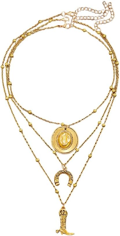 OIDIMS Vintage Western Layered Cowgirl Necklaces Set for Women Boho Trendy Cowboy Boots Hat Horseshoe Charm Pendant Choker Fashion Country Concert Rodeo Outfit Accessories Nashville Jewelry 3Pcs