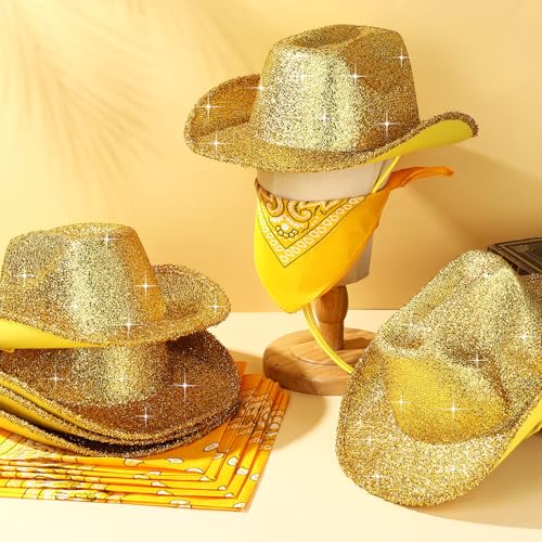 Image of Coume 12 Pcs Sparkly Adults Cowboy Hat and Bandanas Women Men Western Glitter Cowgirl Party Hats with Adjustable Drawstring