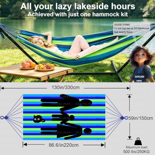 Image of GOCAN Brazilian Double Hammock 2 Person Extra Large 220x160cm Total Length 330cm Load 500lb Canvas Cotton Hammock for Patio Porch Garden Backyard Lounging Outdoor and Indoor(Blue /Green) XXL