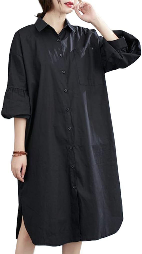 Amazon Co Jp 大きいサイズ レディース シャツワンピース 無地 パフ袖 ロングシャツ Ll 3l 4l 5l 6l ブラック 大きいフリーサイズ 服 ファッション小物