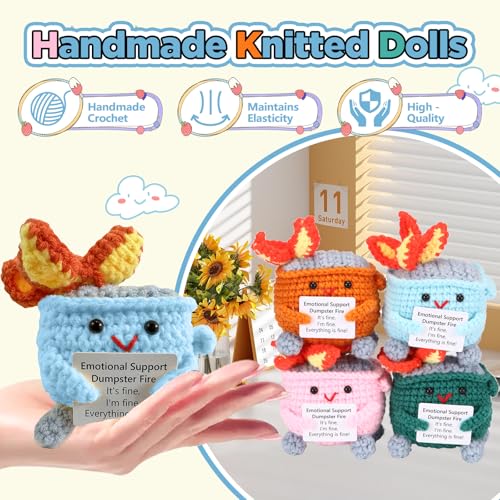 Image of Emotional Support Crochet Dumpster Fire with Positive Card Cute Room Decor Knitted Toys Funny Crochet Support Buddies Gifts for Friends (Green&Blue&Pink&Orange)