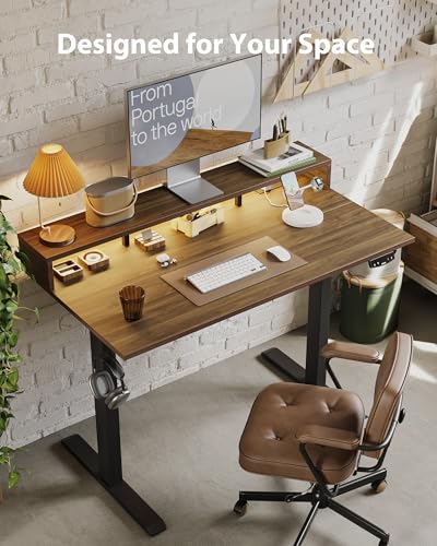 Image of Agilestic 48x24 Inch Electric Standing Desk with Shelf, Height Adjustable Desk with Power Outlets & LED, Sit Stand Up Table with Monitor Stand, Computer Workstation, Dark Walnut
