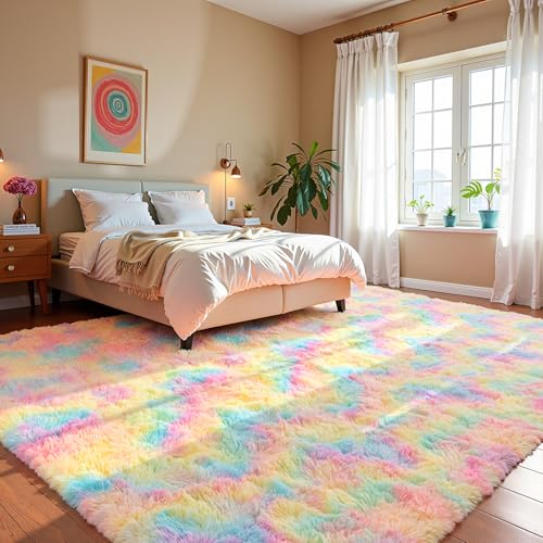 Zentavio Unicorn Rugs for Girls Room 9x12 Area Rugs for Living Room Carpet for Bedroom Washable Soft Fluffy Shag Aesthetic Plush High Pile Rug for Nursery Kids Room Dorm Room Rainbow