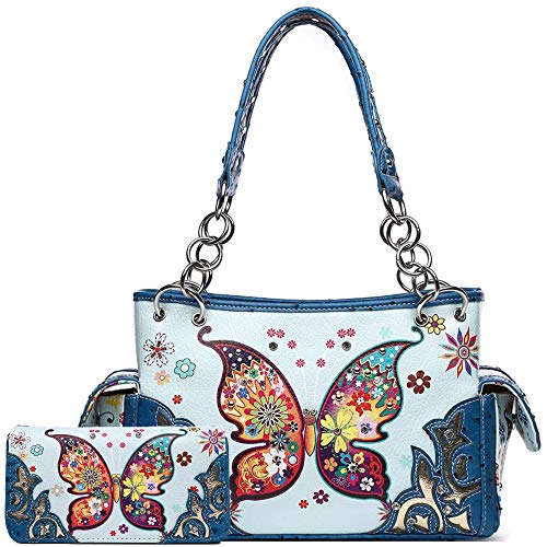 Western Style Butterfly Flower Concealed Carry Spring Purse Country Handbag Women Shoulder Bag Wallet Set (Blue)