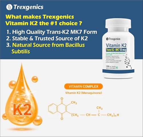 Image of Trexgenics VITAMIN K as TRANS K2 MK7 Menoquinone-7 55 mcg Bone, Cardiovascular Health (120 Veg Capsules)