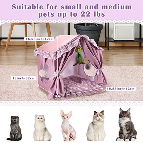 Grand Line Cat Bed Cat House With Bamboo Mat, Summer Indoor Cat Tent Kitten Teepee, Sturdy Cat Dog Nest For Small Medium Pets Up To 22 Lbs, Washable Cushion (Purple, Hanging Balls) #TOP1