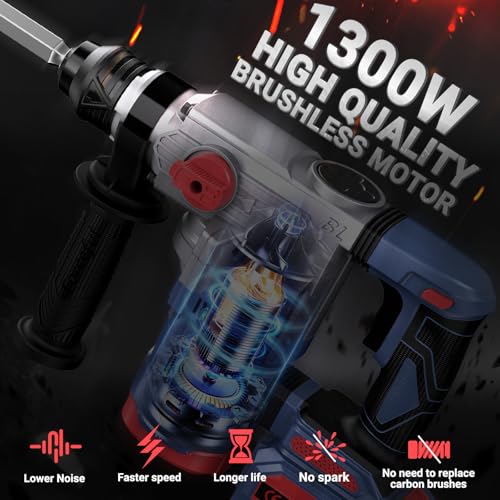 Akku Bohrhammer Professional 2x 4.0Ah Akku, Bürstenloser Motor, SDS Plus, Schlagenergie 2.3J Anti-Vibrationsgriff, 1300W, Maximaler Bohrendurchmesser 30 mm – Bild 3