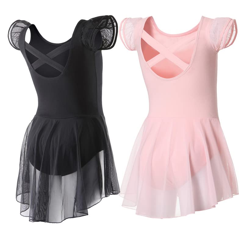 DIPUGBallet Leotards for Girls Ballet Leotard with Skirt Toddler Dance Leotards Flutter Sleeve and Criss-Cross Back