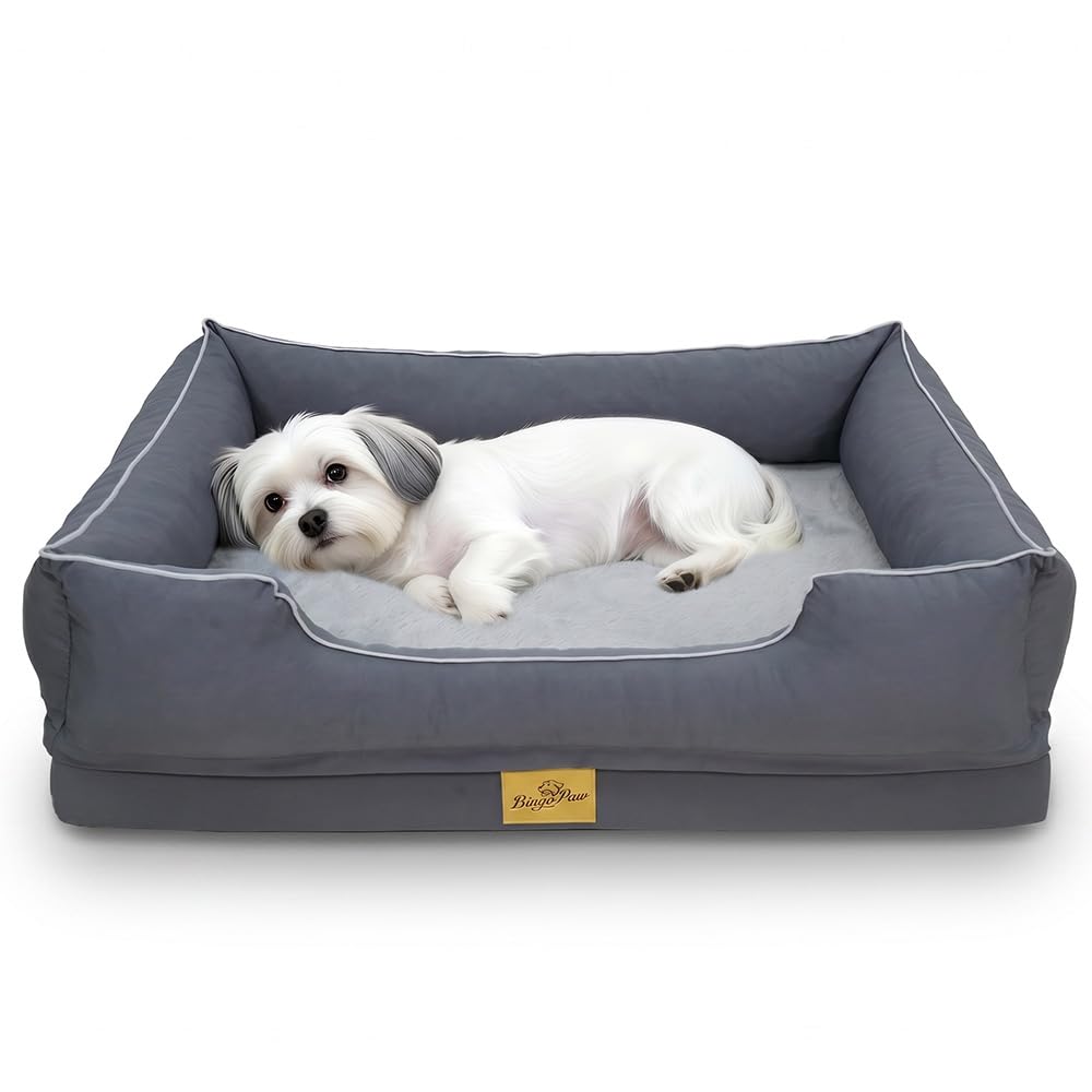 Panier Chien Moyen Taille Orthopédique: Coussin Déhoussable et Lavable en Machine pour Chiens, Mémoire de Forme Canapé Lit Anti-dérapant et Ultra Doux, Gris 77x63x18cm
