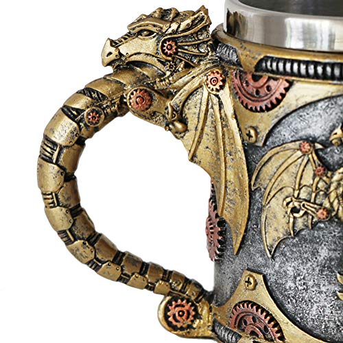 Steampunk Gearwork Mechanical Dragon Mug - Medieval Renaissance Dragons Beer Stein Tankard Stainless Coffee Cup Gift Mug For Dragon Collector Lovers Themed Party Decoration (14OZ)