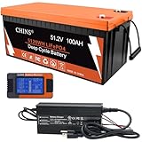 CHINS 48V 100Ah Bluetooth LiFePO4 Battery with 58.4V 10A Lithium Battery Charger and Monitor, 0V Starting and Fast Charged, Built in 200A BMS,Prefect for Trolling Motor, Marine, RV, Solar