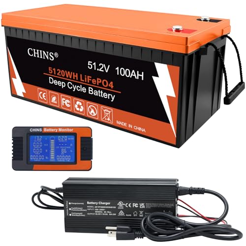 CHINS 48V 100Ah Bluetooth LiFePO4 Battery with 58.4V 10A Lithium Battery Charger and Monitor, 0V Starting and Fast Charged, Built in 200A BMS,Prefect for Trolling Motor, Marine, RV, Solar