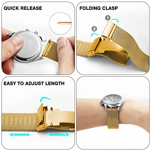 Image of Stainless Steel Mesh Watch Band for Mens Women, Quick Release Mesh Watch Straps 18mm 20mm 22mm 24mm (24mm Gold)