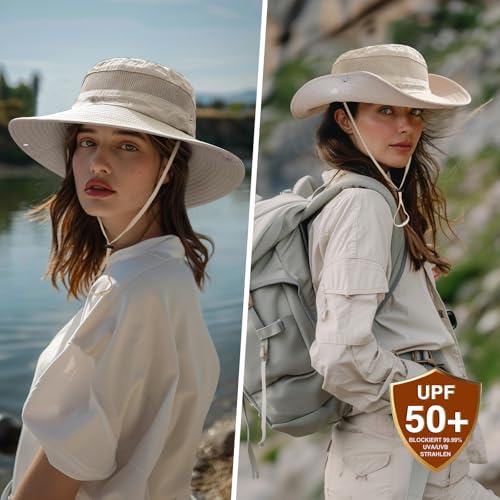 FLEERNIO Beige Unisex Erwachsene Sonnenhut, UV Schutz 50, Faltbar, Atmungsaktiv, Wasserresistent, Cowboy Stil, Für Outdoor Aktivitäten, Wandern, Angeln, Camping, Strand, Parks, Casual