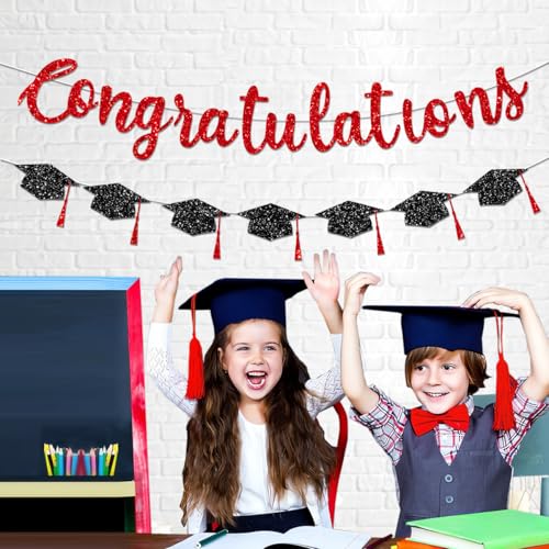Image of Congratulations Banner Graduation Decorations Class of 2026 Red Glitter Congrats Grad with Tassel Party Decor College High School Favors Black