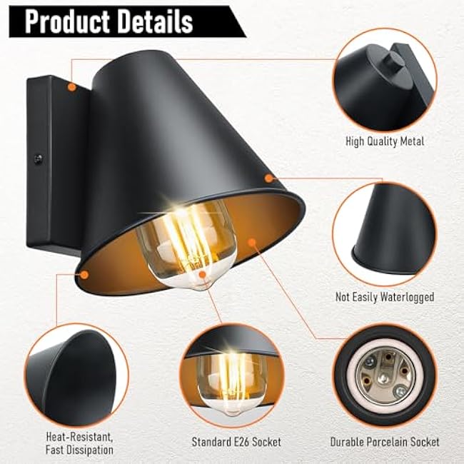 DBF Outdoor Lanterns, 4 Pack Exterior Light Fixtures, Waterproof Anti-Rust Outdoor Wall Sconces Front Porch Light, E26 Socket Outside Lights for House, Garage Door Farmhouse Patio, Black