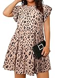 Eytino Womens Plus Size Dress Leopard Printed Crewneck Ruffle Sleeve Flowy Mini Dresses,3X Khaki