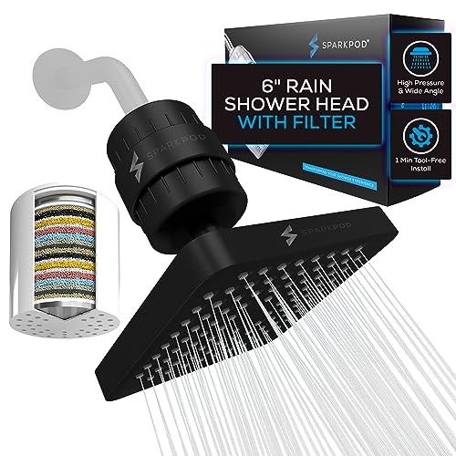 SparkPod Luxury Filtered Shower Head Set 23 Stage Shower Filter - Reduces Chlorine and Heavy Metals - High Pressure Showerhead Filter (6" Square, Midnight Black Matte)
