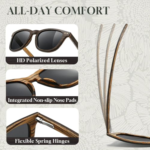 SUNGAIT Square Wood Sunglasses Mens Polarized All-Wood Sun Glasses Retro Lightweight With Case4
