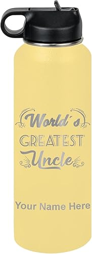 Miniatura 65 de LaserGram Botella de agua personalizada, el tío más grande del mundo, acero inoxidable de doble pared aislada al vacío con popote superior, regalo