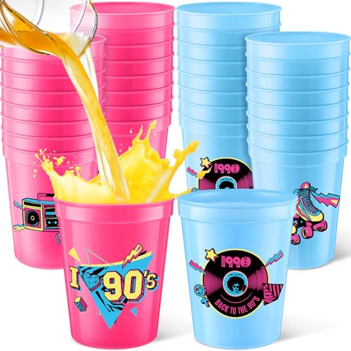 Funnymoom 24 Pcs 90s Theme Cups 16 oz Reusable Thick Retro Disco Party Plastic Drinking Cup Rose Red and Blue Retro Music Throwback Dance Party Decorations Birthday Supplies