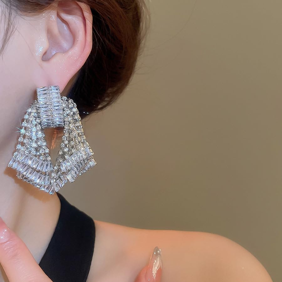 Missgrace Women Silver Hypoallergenic Rhinestone Earrings Dangling Sparkly Black Dangle Earrings Bow Chandelier Earrings Tassel Large Studs Crystal Statement Earrings for Women - Image 2
