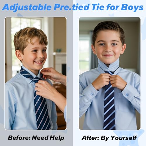 2 Psc Boy's Necktie Ties for Boys, Zipper Pre-Tied Adjustable Toddler Tie, Navy Blue & Black Kids Tie for School Uniforms, Wedding, Graduation4