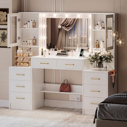 Image of White Makeup Vanity Desk with Mirror and Lights, Makeup Vanity Table with Lighted Mirror, 58.3 inch Dressing Table with Mirror and Lights, Big Vanity with 8 Drawers & Lots Storage Space for All Girls
