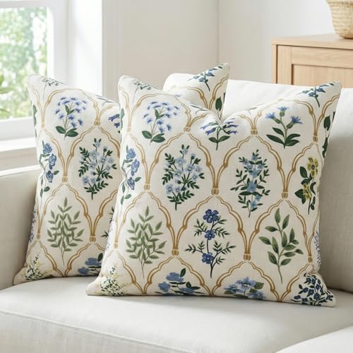 sykting Blue Green Floral Pillow Covers 18x18 Set of 2 Double Sided Heavyweight Cotton Linen Wild Flower Botanical Pattern Vintage Spring Throw Pillow Covers for Couch Outdoor Patio Garden