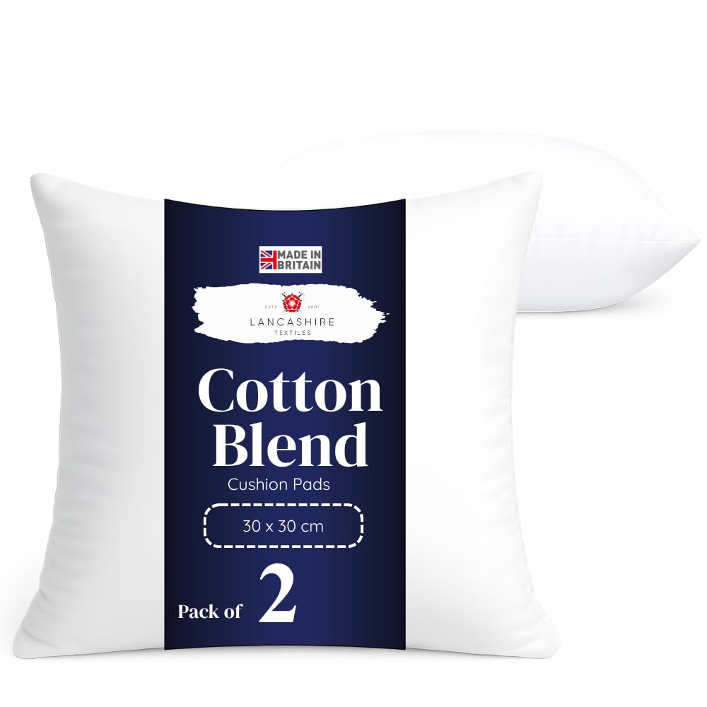 Lancashire Textiles Cushion Pads 2 Pack, 12x12 Inch, 30x30 cm, Cotton Blend | Luxury Cushion Inners with Cotton Blend Covers & Super Bounce Polyester Fibre Filling, Made from British Materials for Sofas.