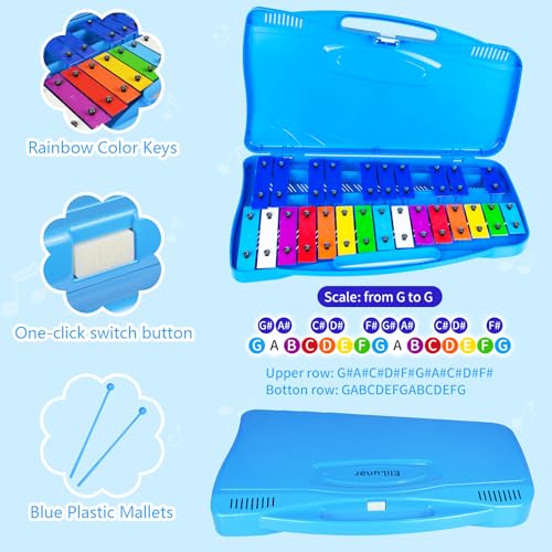 EliLunar 25 Note Glockenspiel Xylophone - Color-Coded Metal Keys with Mallets, Percussion Instrument for Beginners & Music Learning, Blue